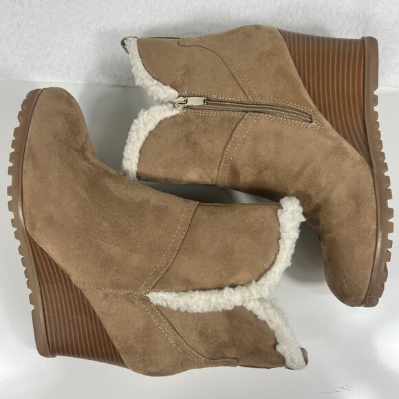 Nine West Light Natural Wedge Ankle Boots Faux Shearling Trim Side Zipper 10 M - Picture 4 of 16